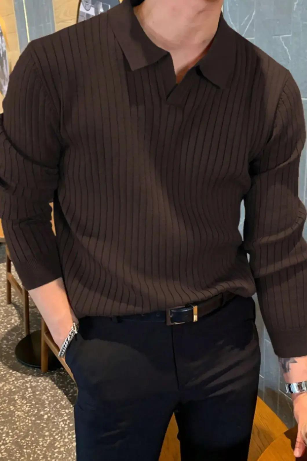 Koyu Kahve Slim Fit Erkek Polo Yaka Fitilli Triko Kazak