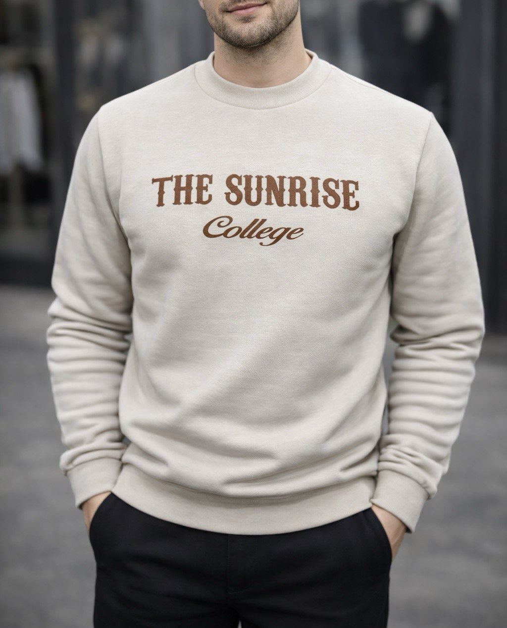 Krem 3 İplik Şardonlu Baskılı Sweatshirt