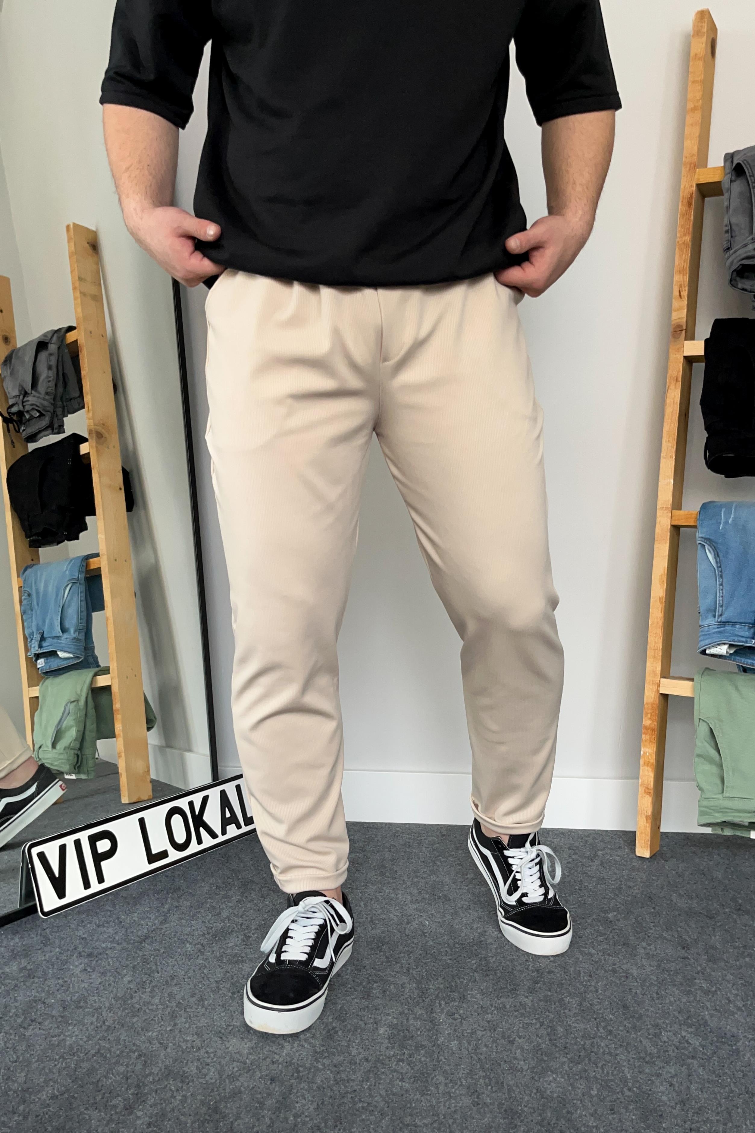Krem Duble Paça Örme Kumaş Likralı Jogger