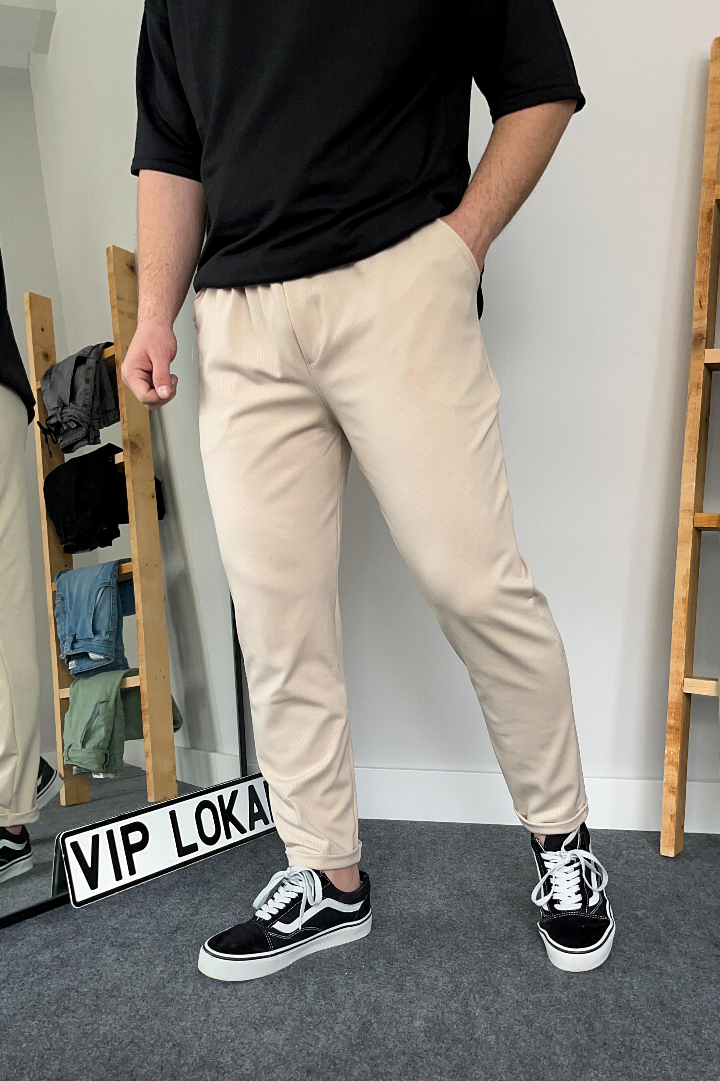 Krem Duble Paça Örme Kumaş Likralı Jogger