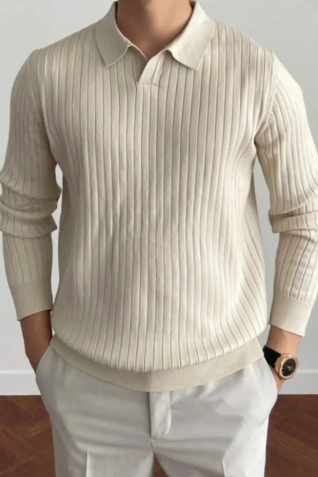 Krem Slim Fit Erkek Polo Yaka Fitilli Triko