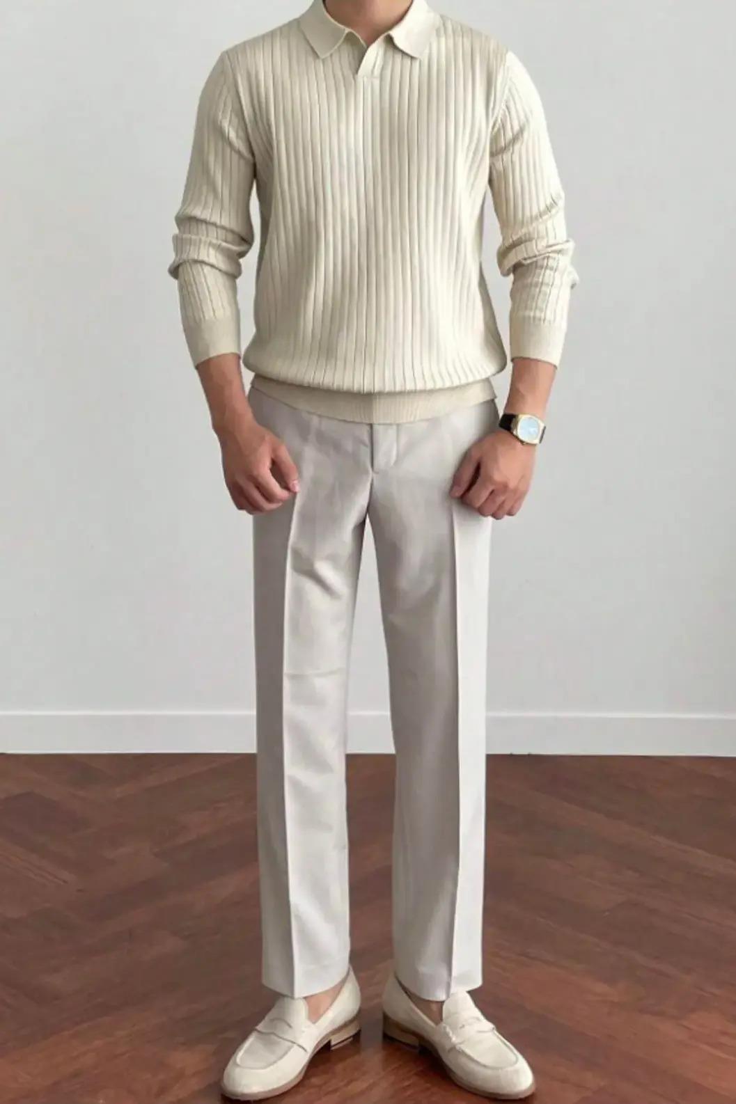 Krem Slim Fit Erkek Polo Yaka Fitilli Triko