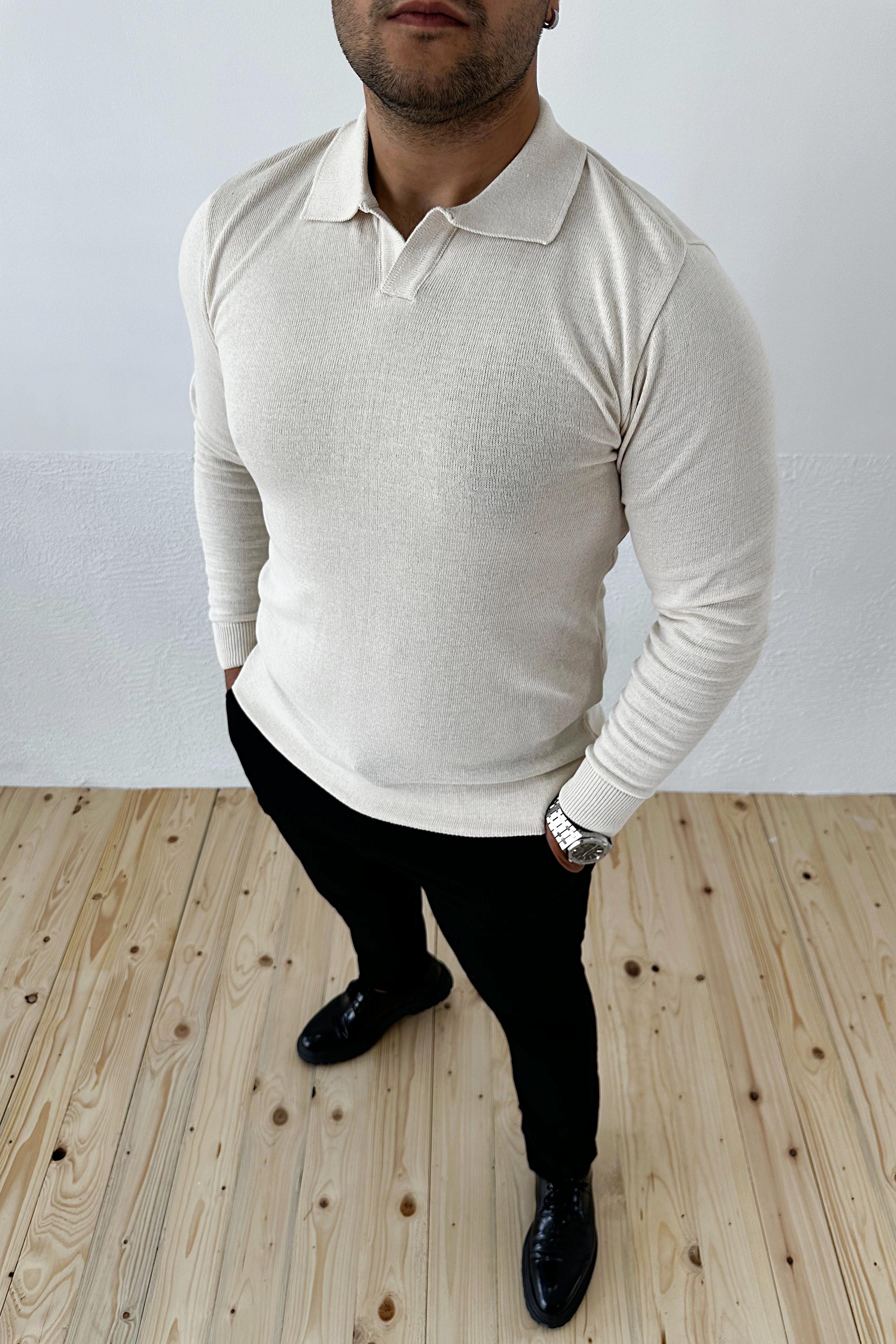Krem Slim Fit Polo Yaka Triko Kazak