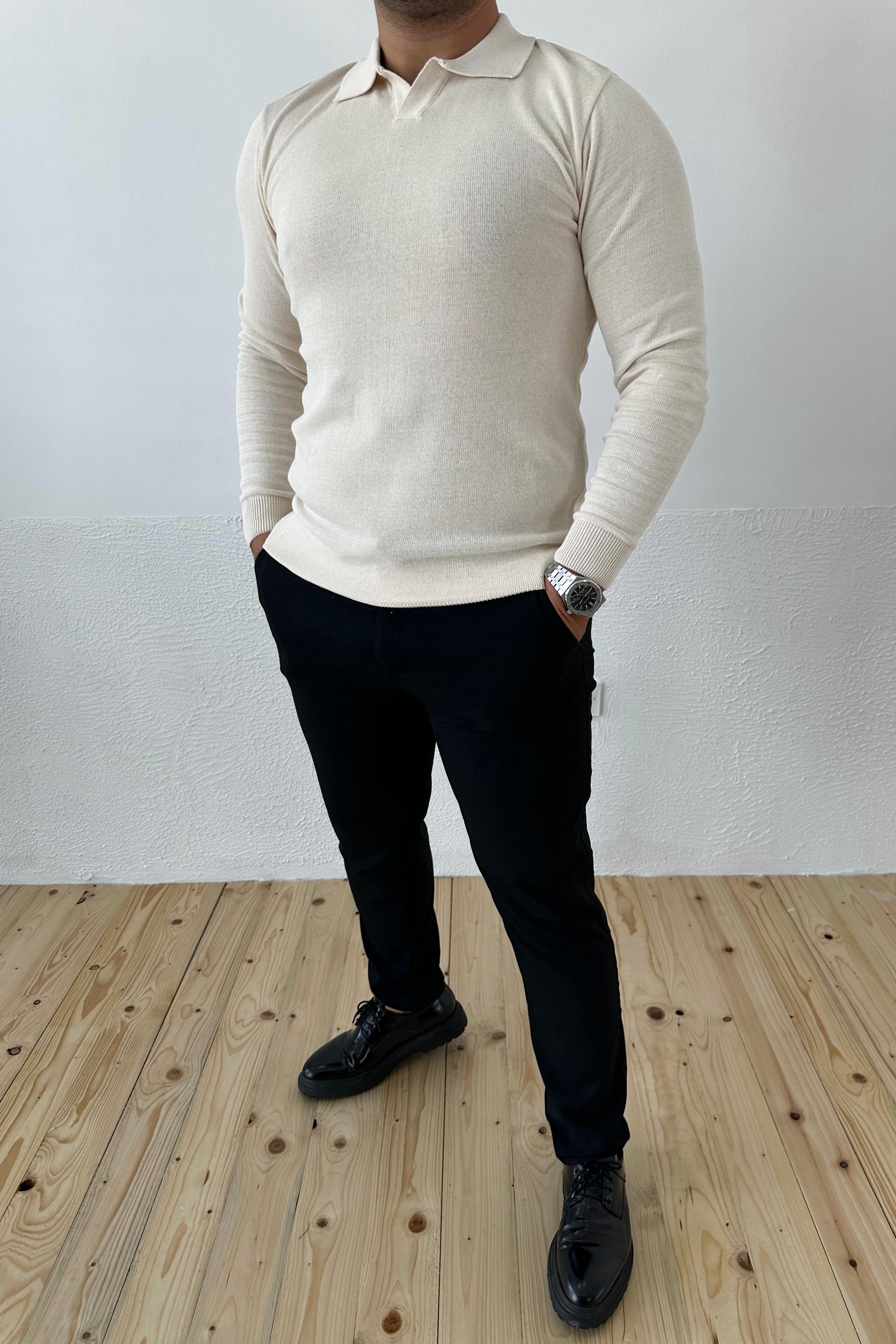 Krem Slim Fit Polo Yaka Triko Kazak