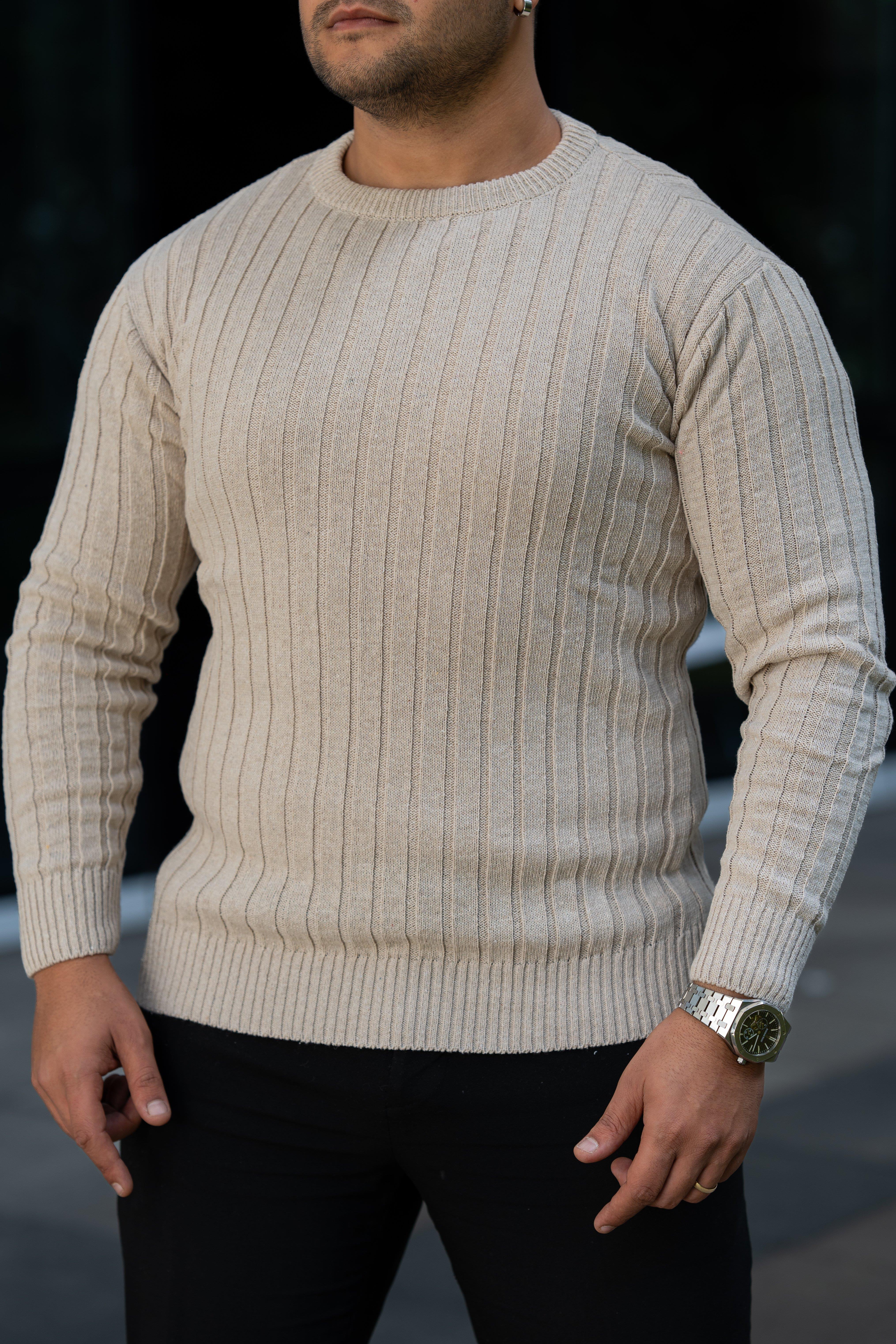 Krem Tüylenme Yapmayan Slim Fit Desenli Triko Kazak