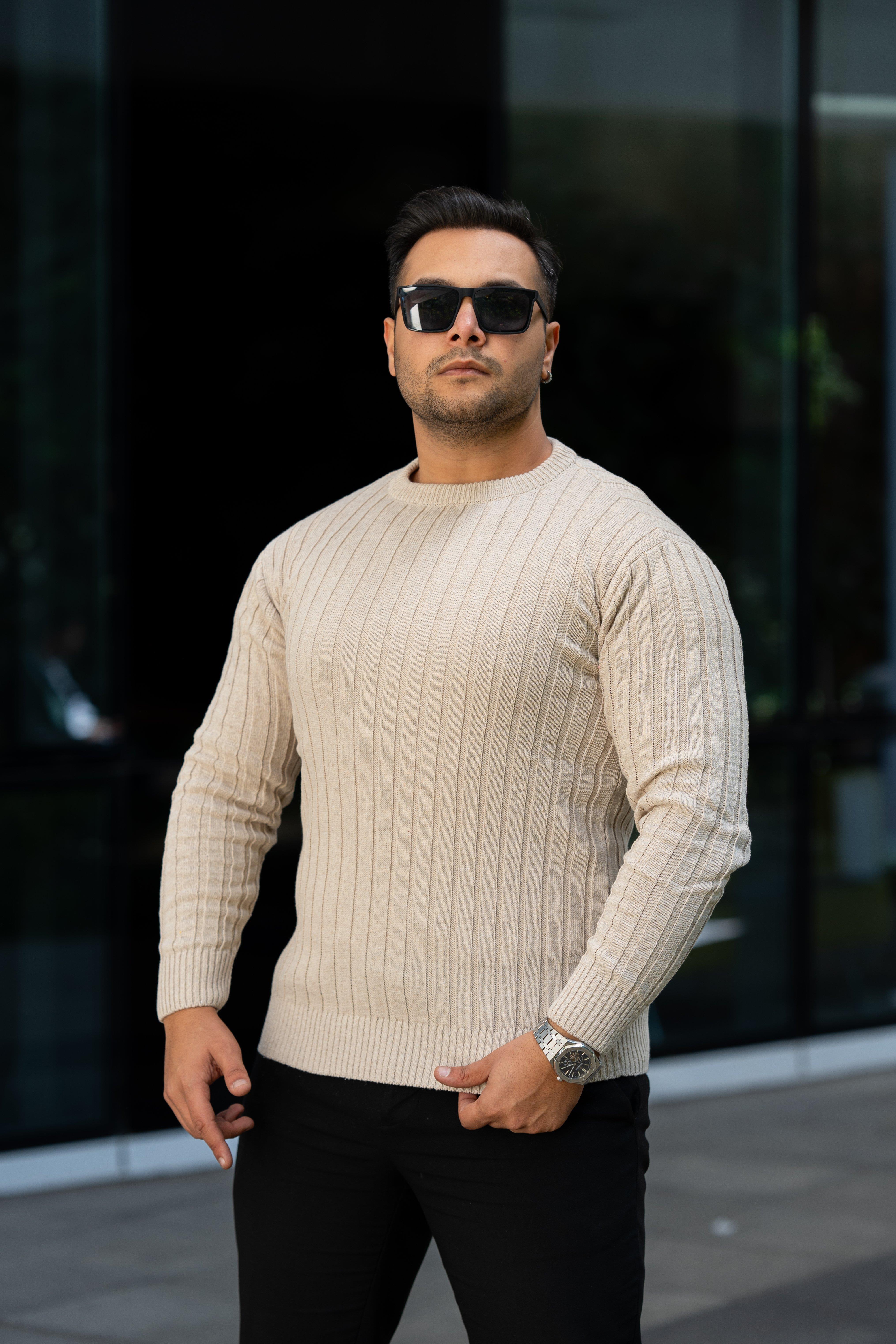 Krem Tüylenme Yapmayan Slim Fit Desenli Triko Kazak