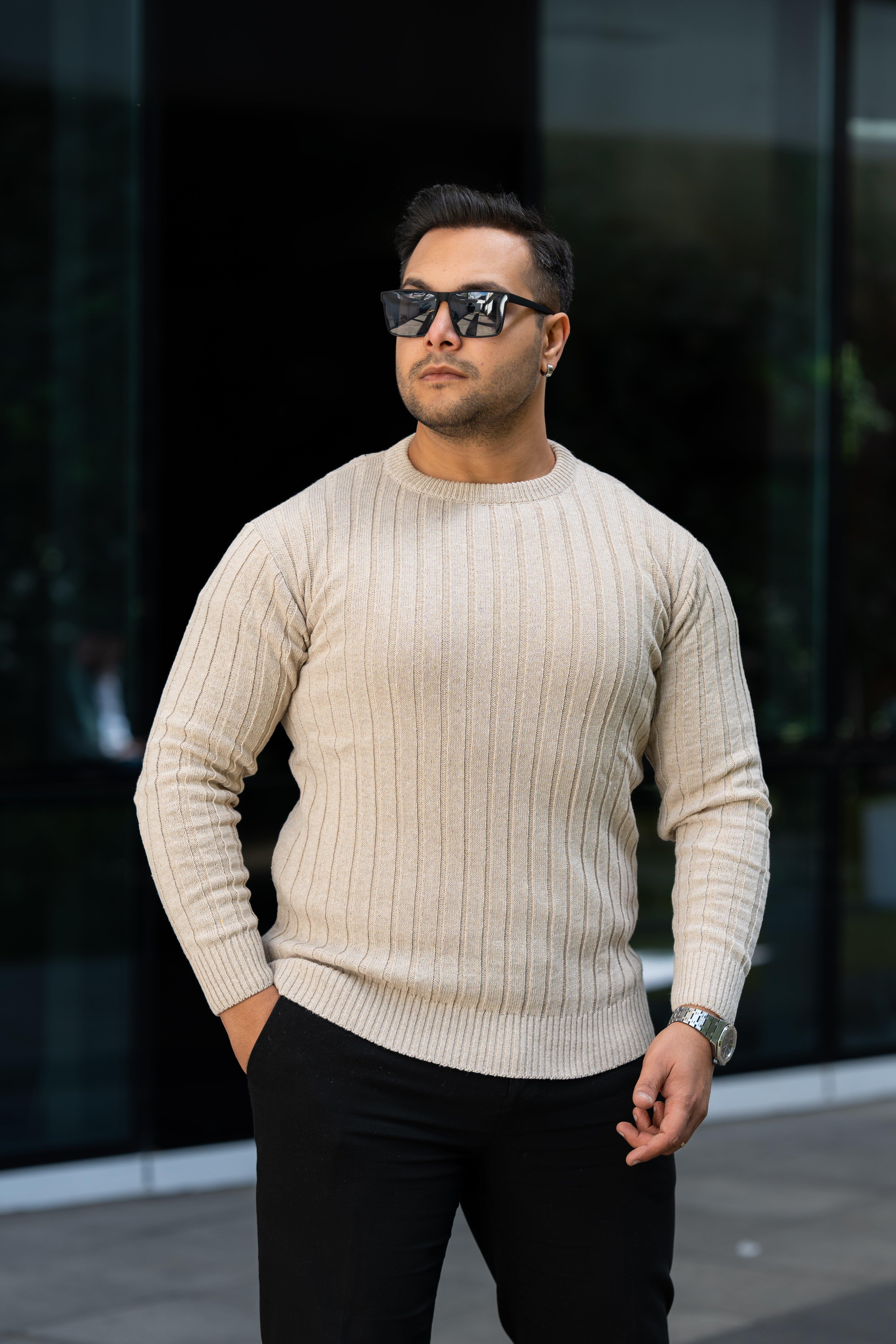 Krem Tüylenme Yapmayan Slim Fit Desenli Triko Kazak