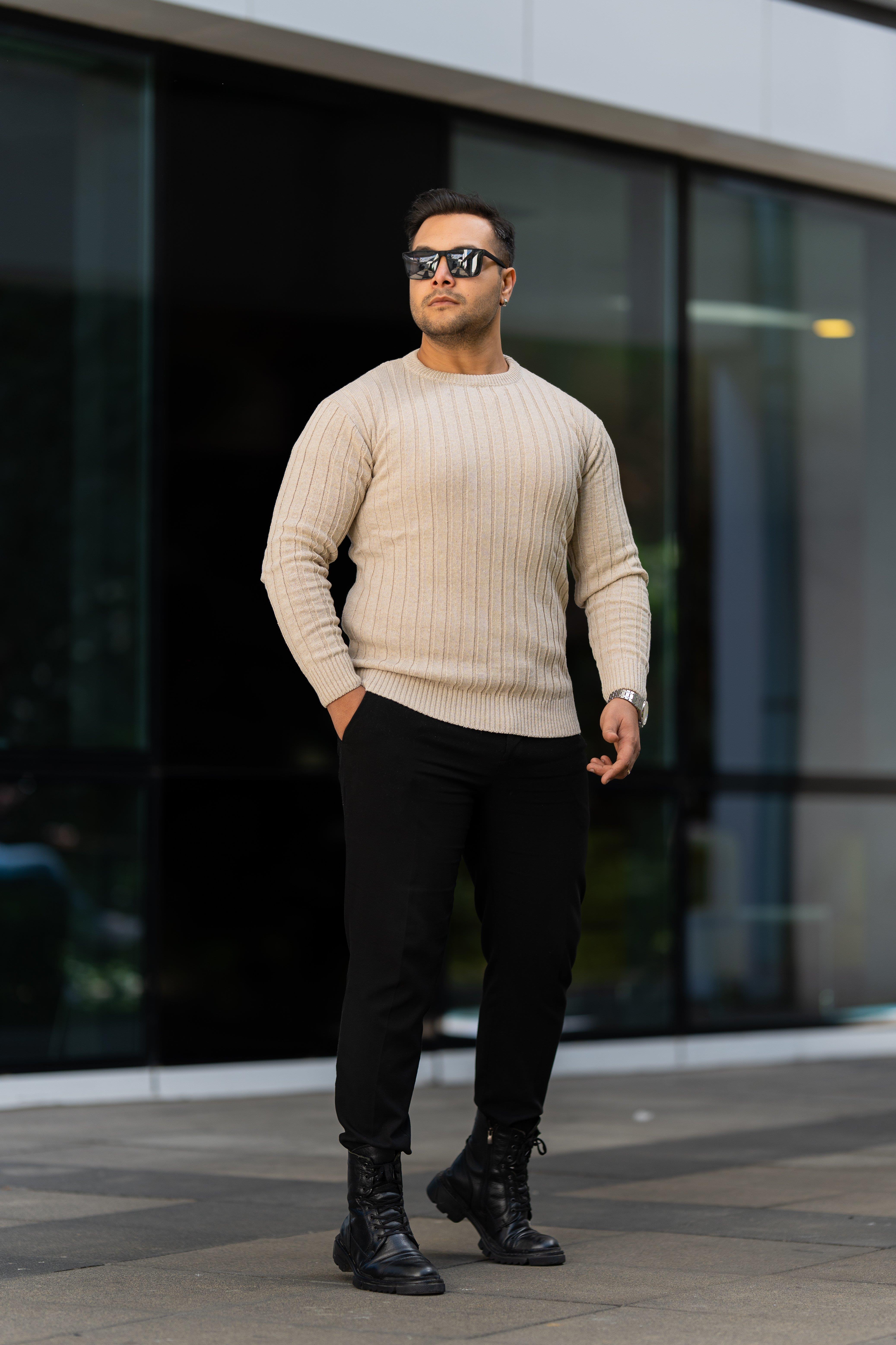 Krem Tüylenme Yapmayan Slim Fit Desenli Triko Kazak