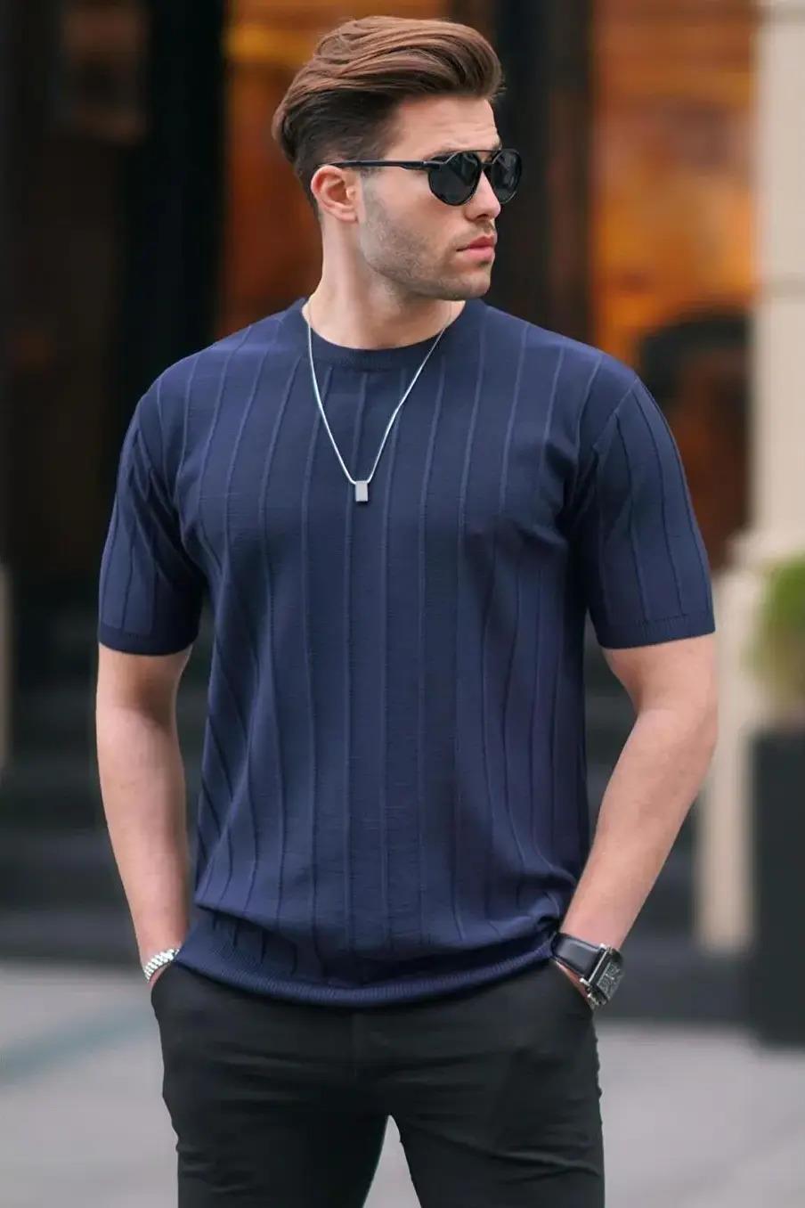 T-SHİRTLacivert Örme Triko Tshirt | VİP LOKAL1295-LacivertLacivert Örme Triko Tshirt