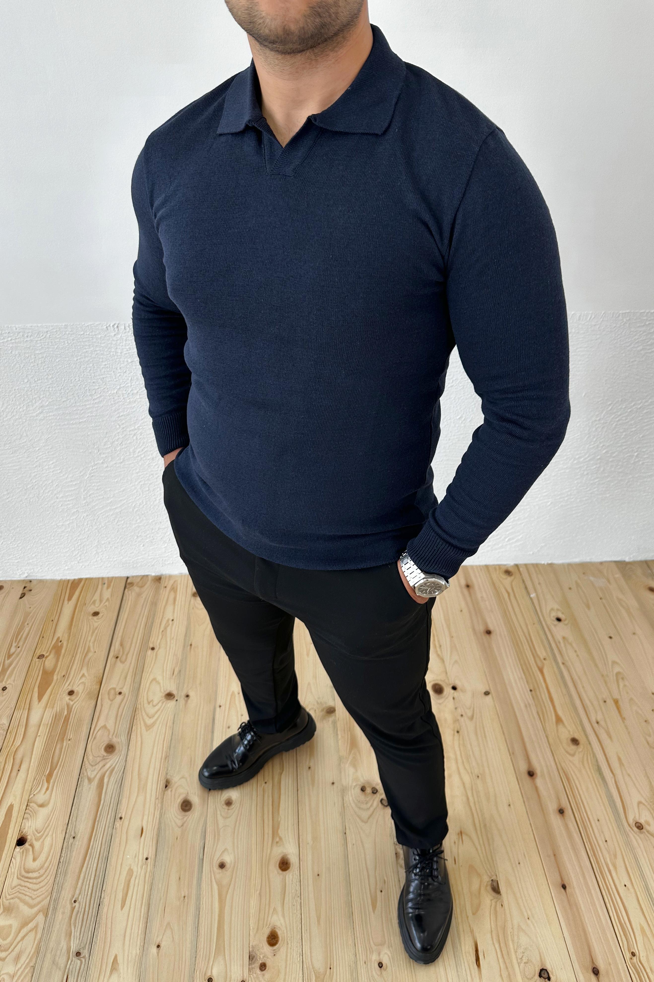 Lacivert Slim Fit Polo Yaka Triko Kazak