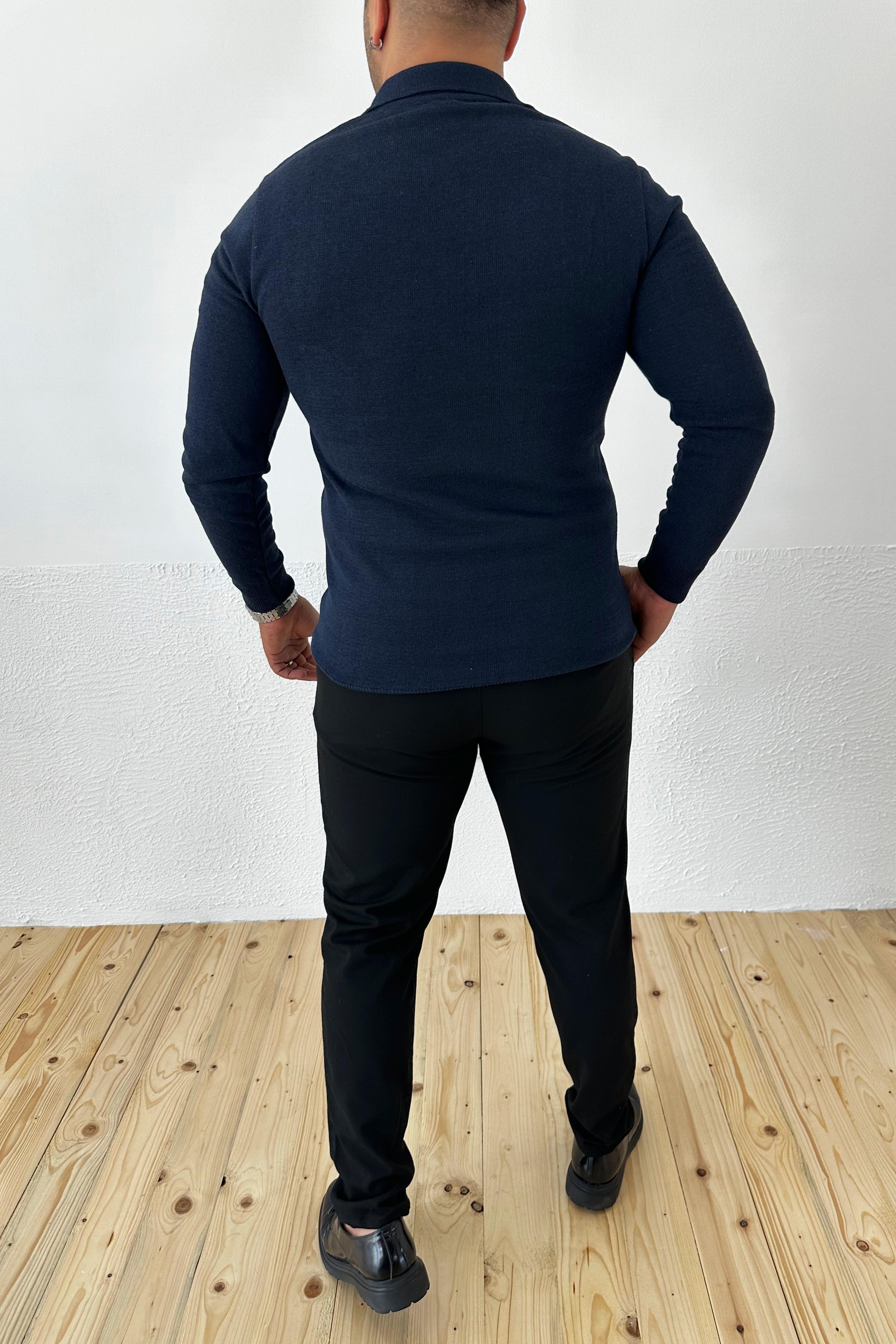 Lacivert Slim Fit Polo Yaka Triko Kazak