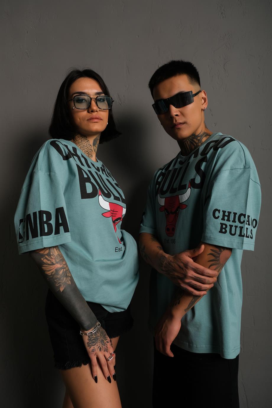 Mint Mavi Chicago Bulls Baskılı Oversize Basic Tshirt