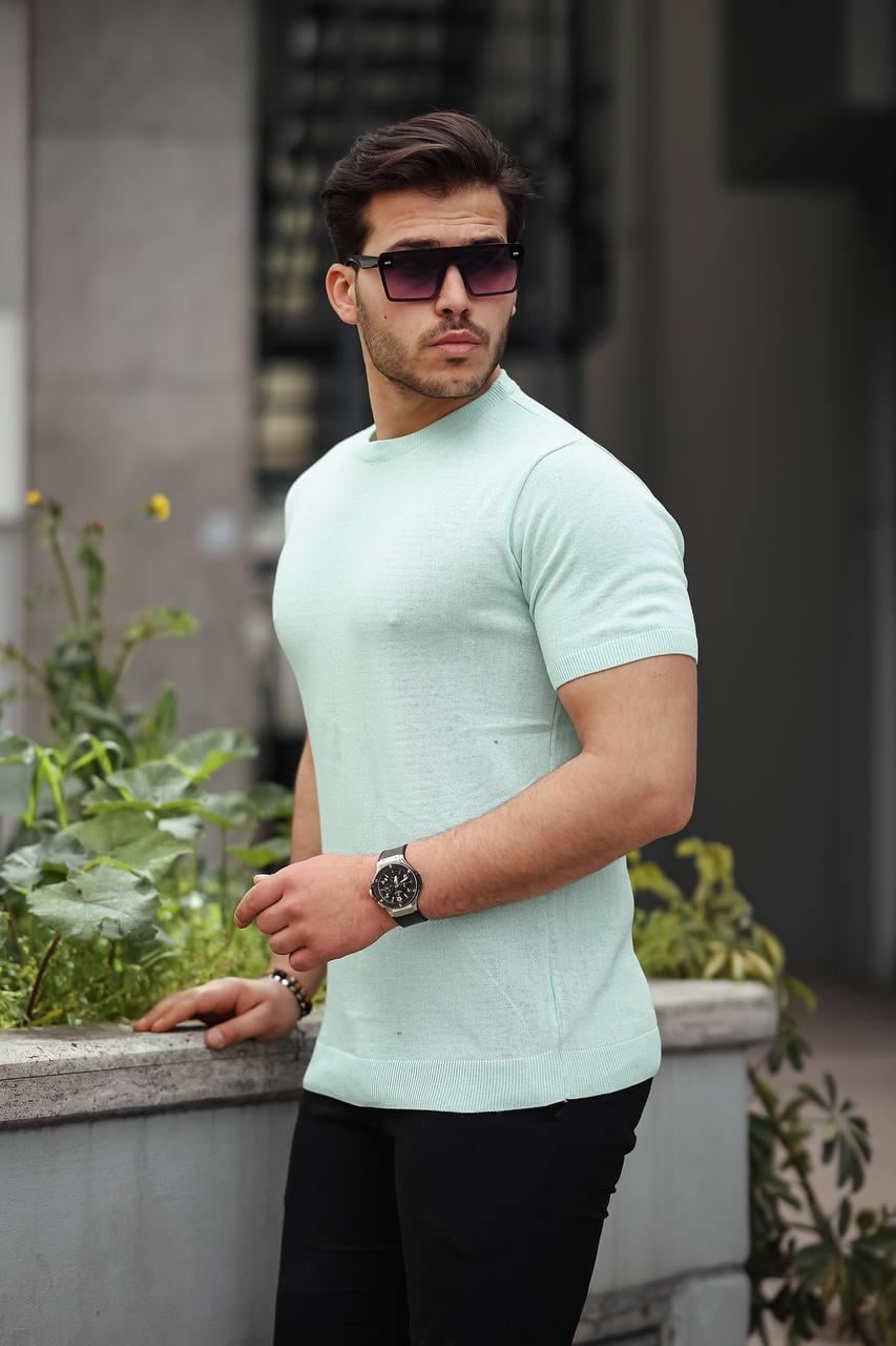 Mint Yeşil Basic Örme Triko Tshirt