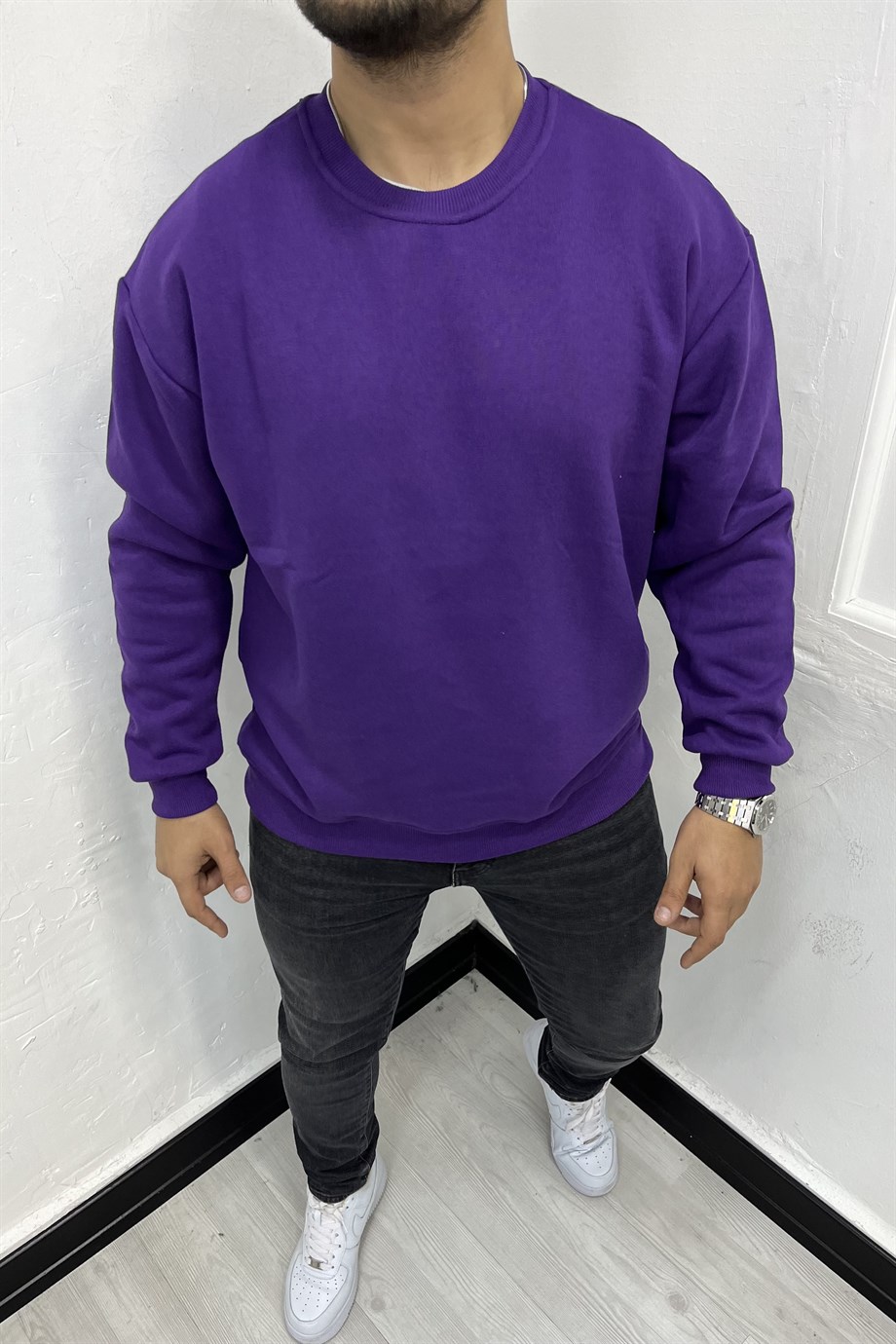 Mor 3 İplik Şardonlu Oversize Sweatshirt