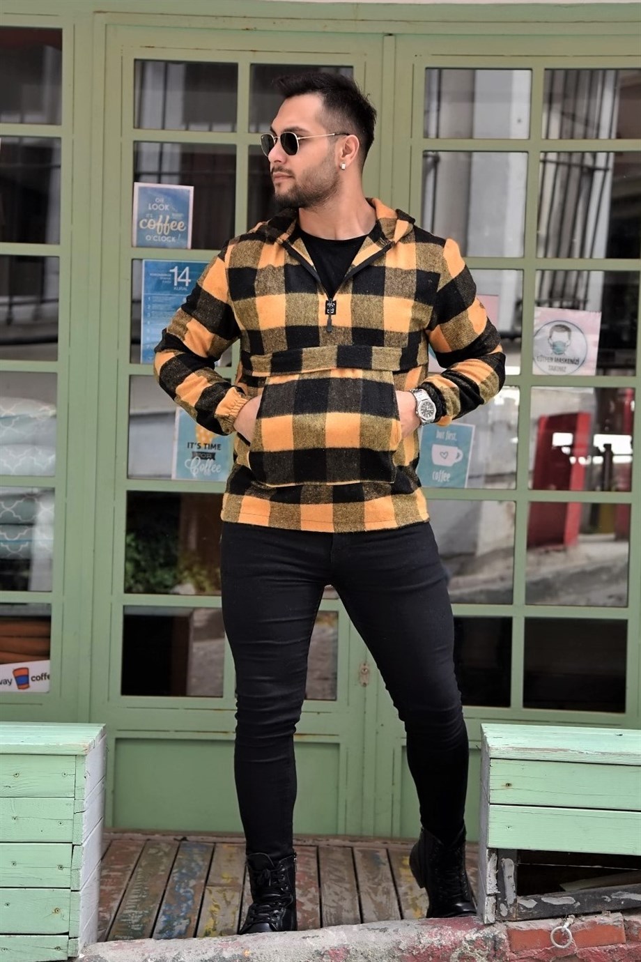 Sarı Oduncu Kumaş Ekose Kapüşonlu Kanguru Cep Sweat 