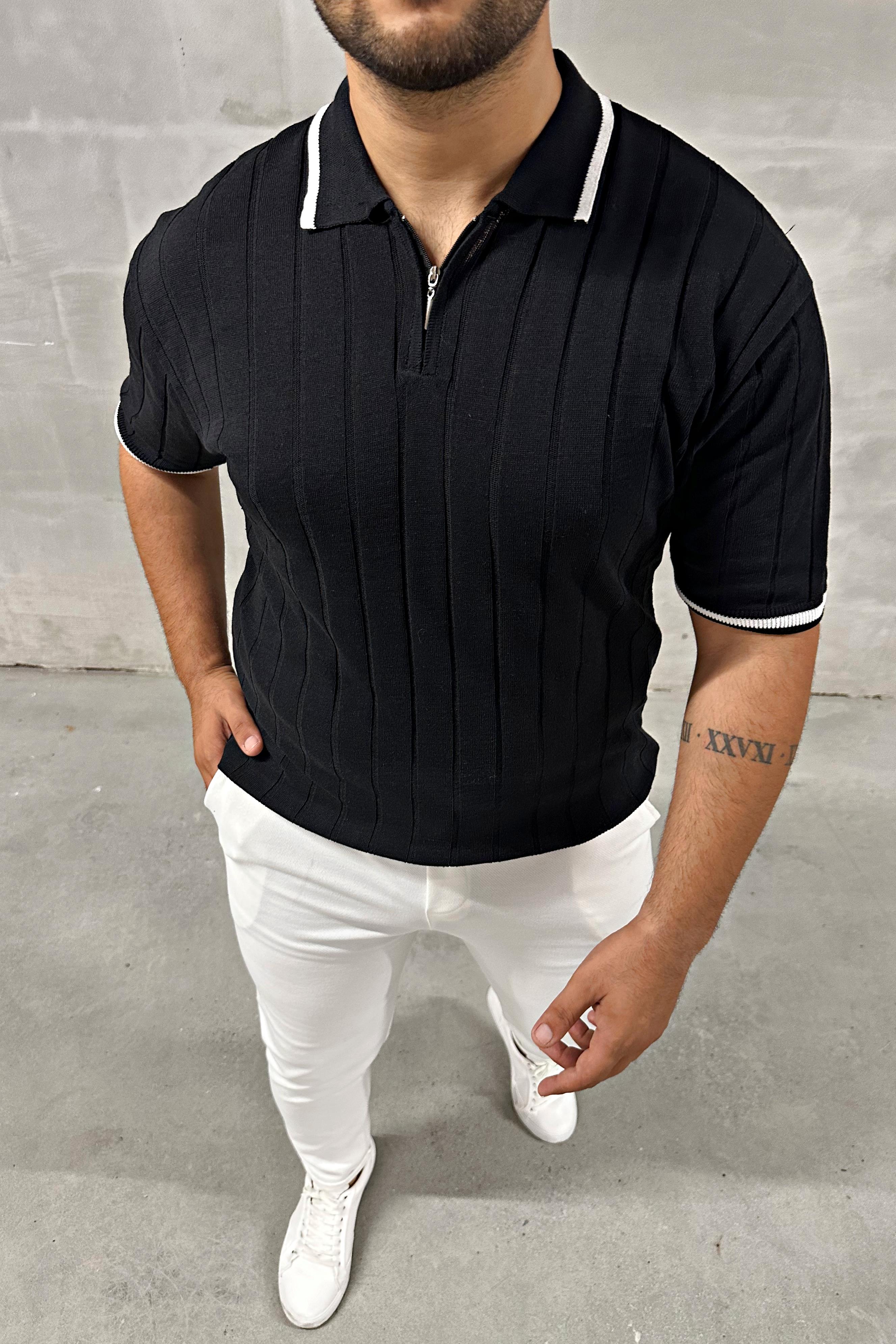 Siyah Fermuarlı Polo Yaka Örme Triko Tshirt