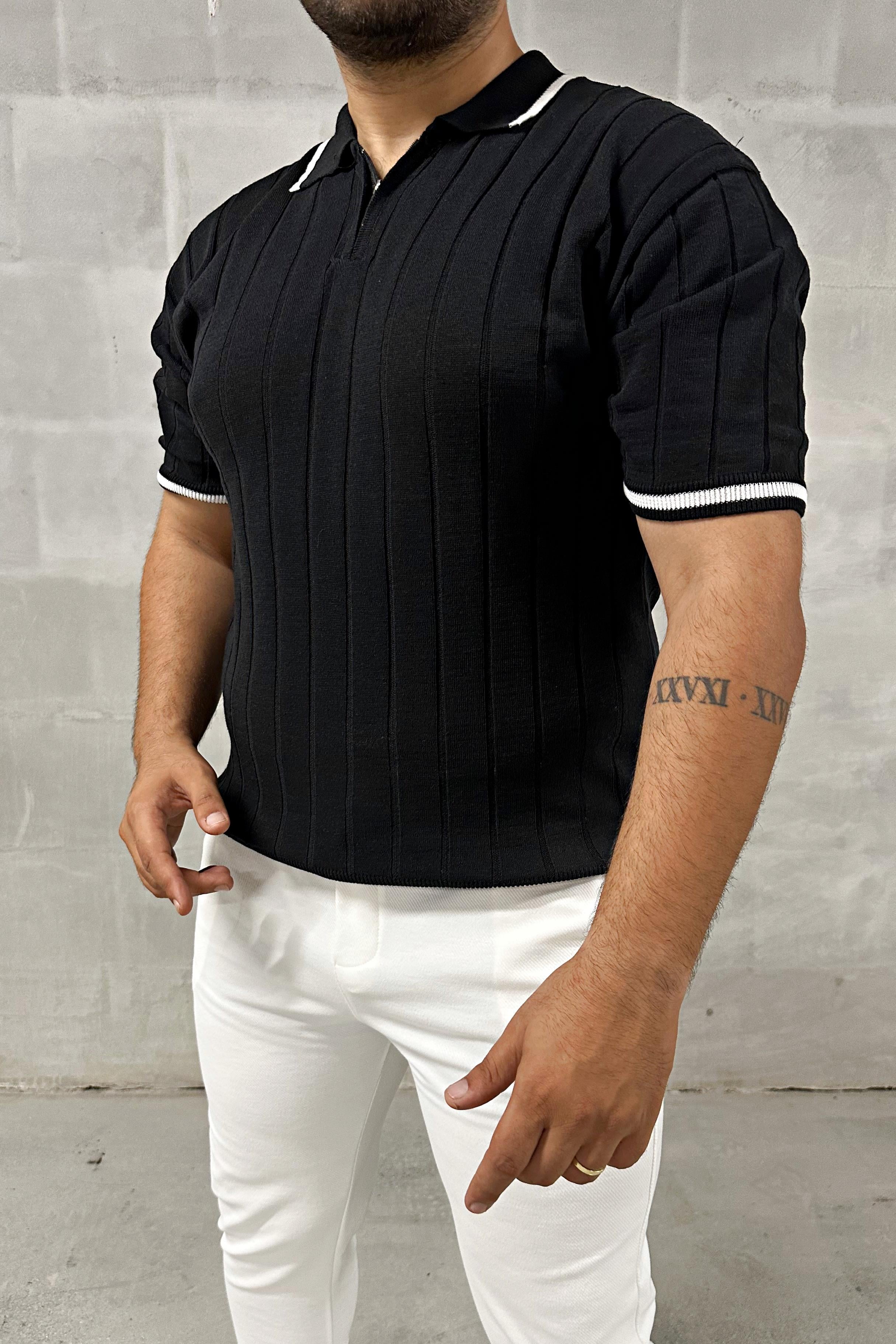 Siyah Fermuarlı Polo Yaka Örme Triko Tshirt