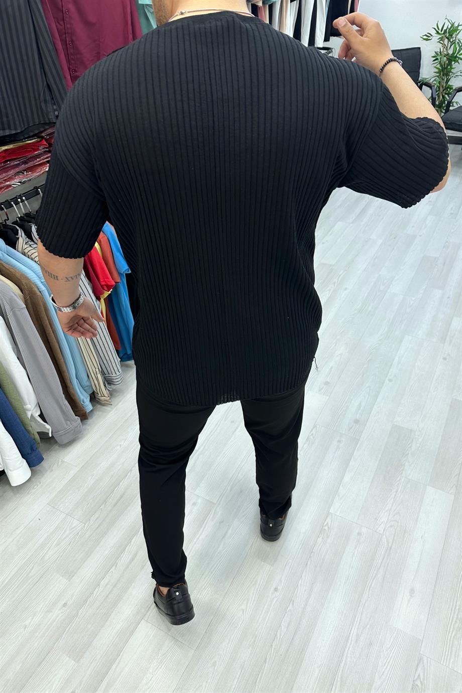Siyah Oversize Fitilli Triko Tshirt