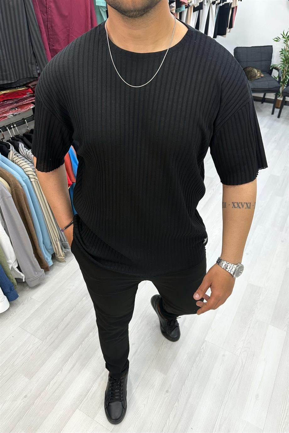 Siyah Oversize Fitilli Triko Tshirt