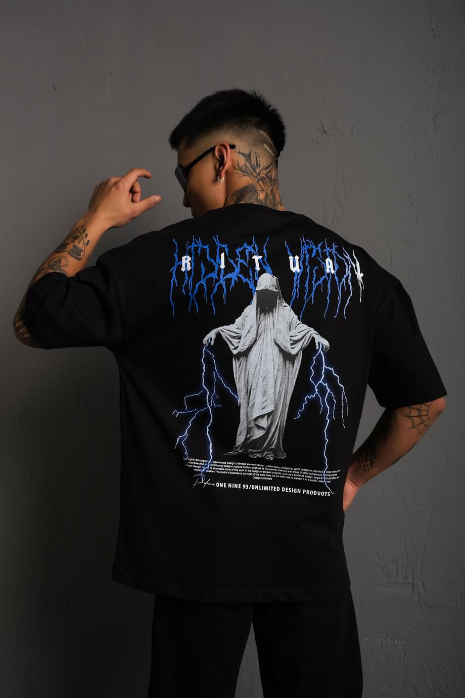Siyah Ritual Mavi Yıldırım Baskılı Oversize Basic Tshirt