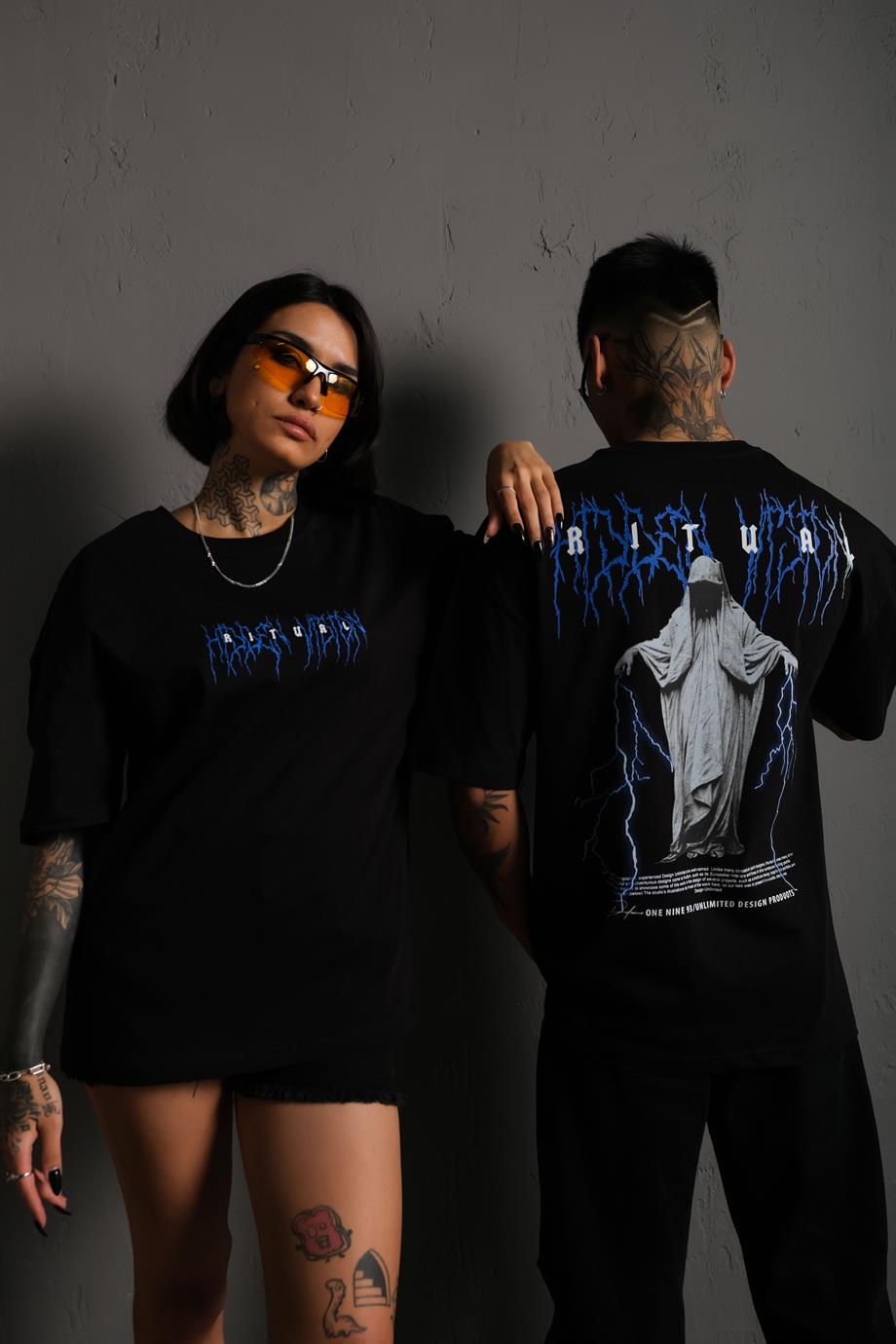 Siyah Ritual Mavi Yıldırım Baskılı Oversize Basic Tshirt