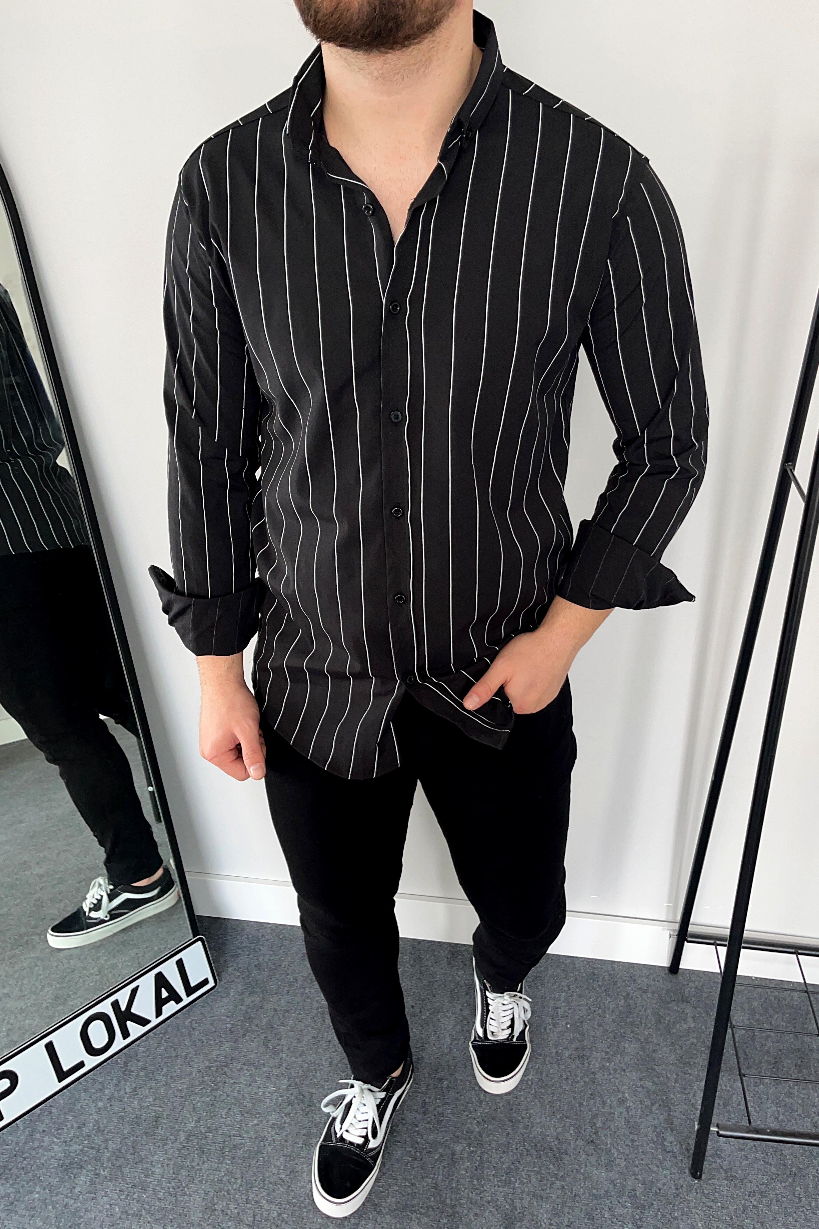 Siyah Slim Fit Çizgili Poplin Gömlek