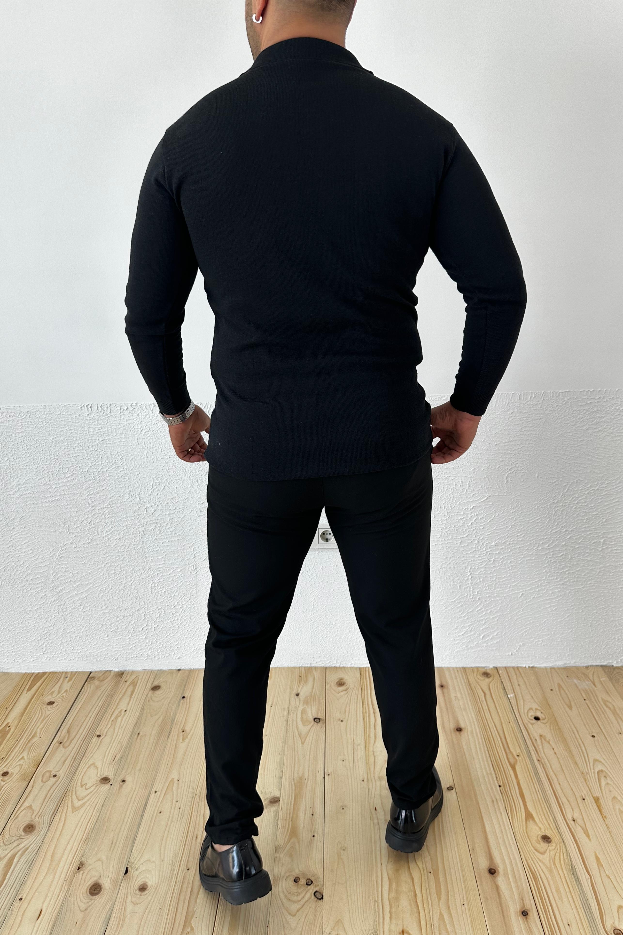 Siyah Slim Fit Polo Yaka Triko Kazak