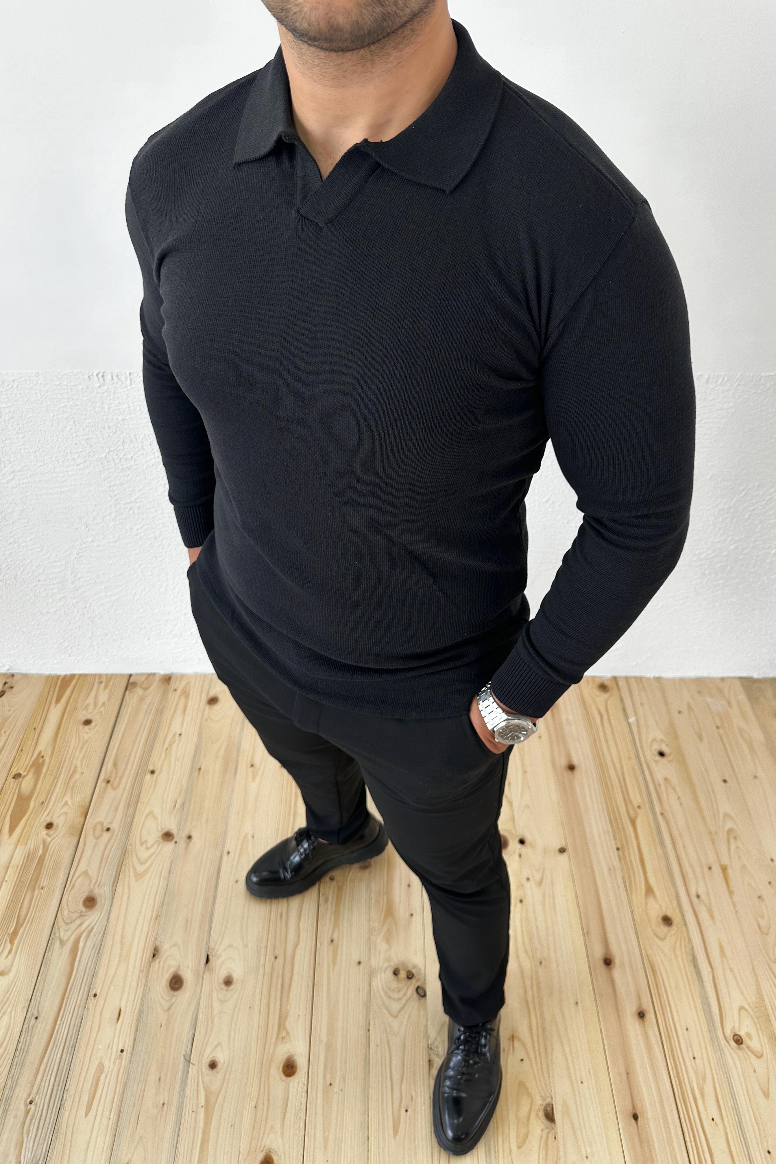 Siyah Slim Fit Polo Yaka Triko Kazak