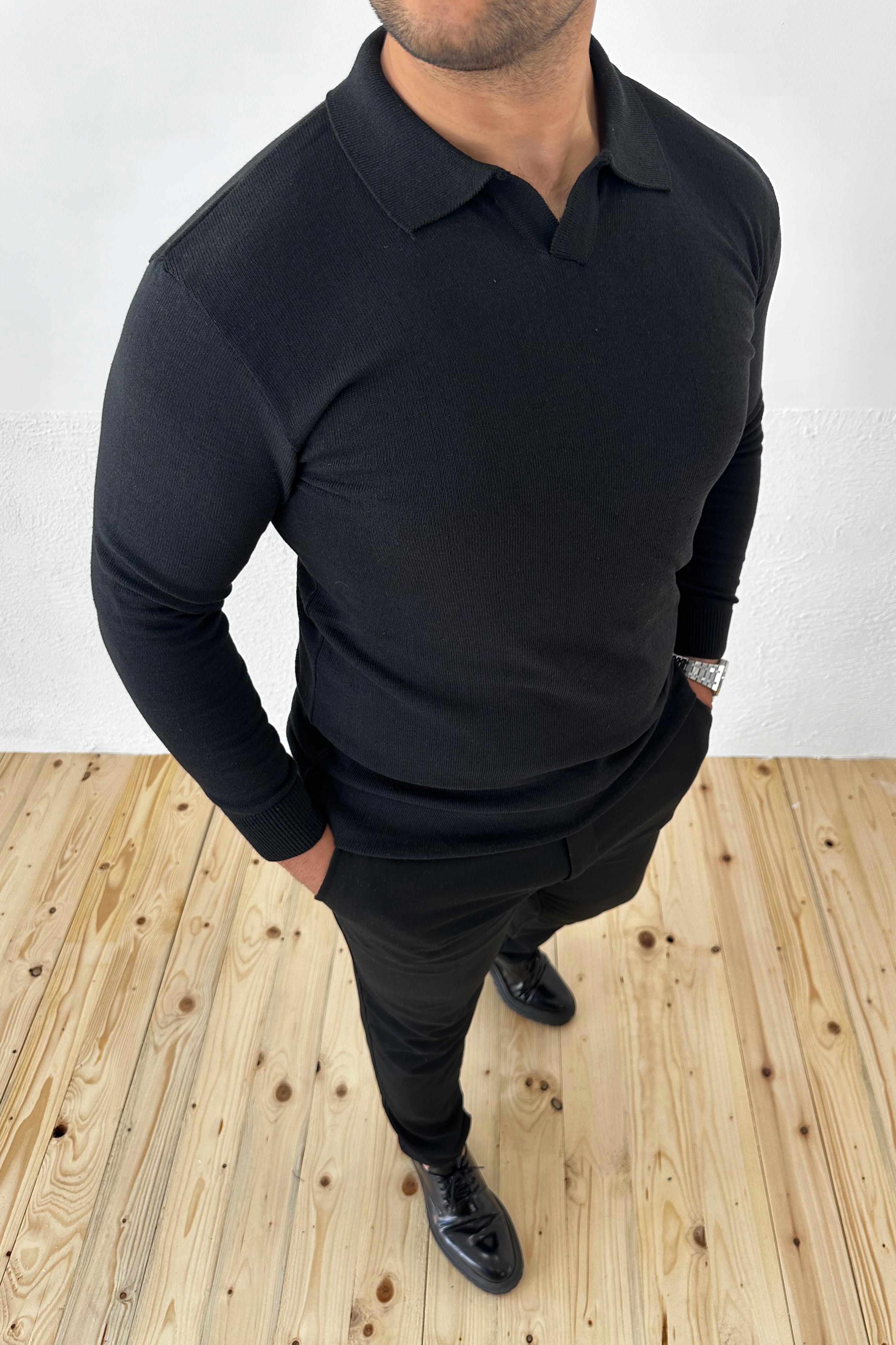 Siyah Slim Fit Polo Yaka Triko Kazak