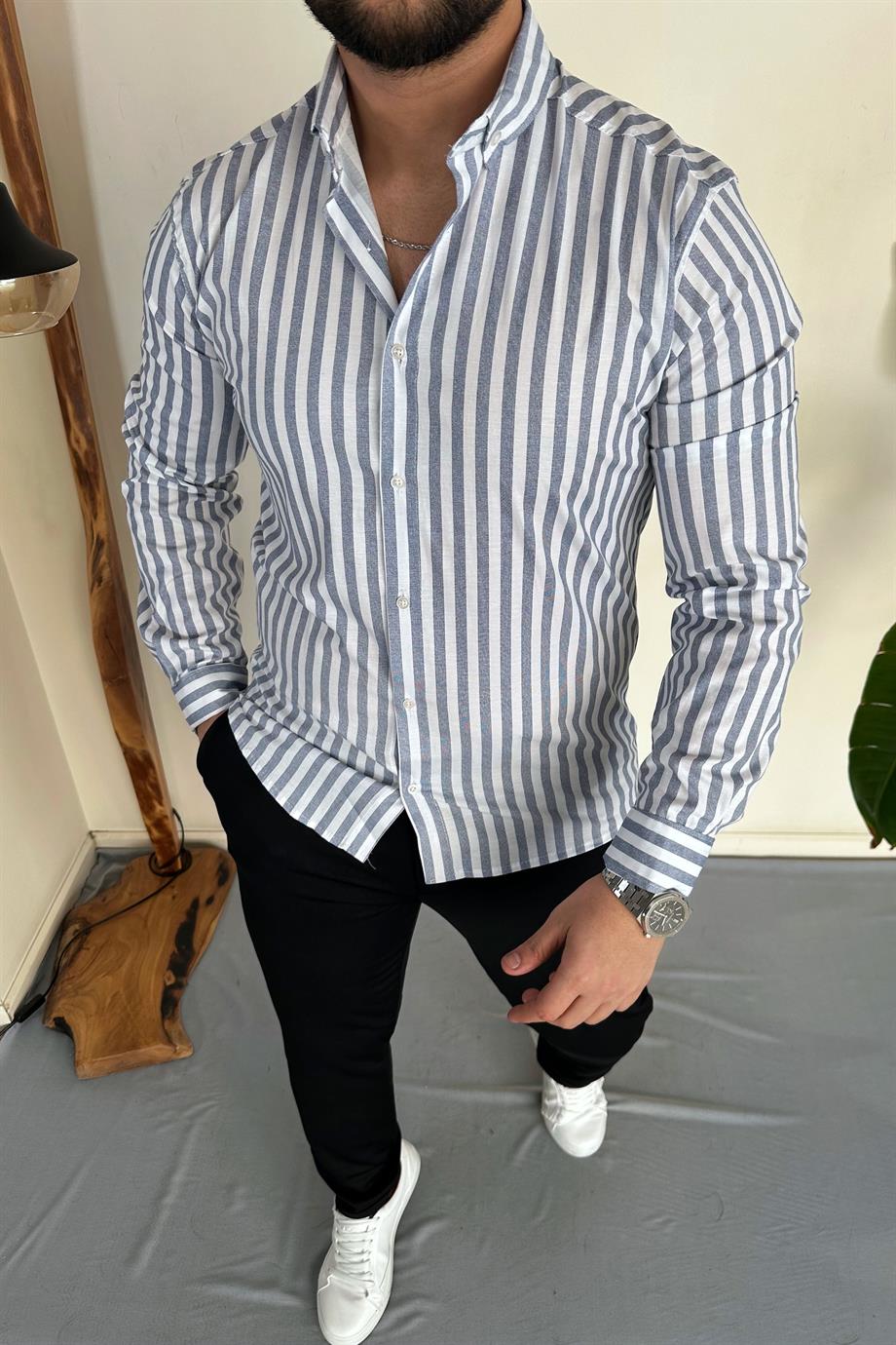 Slim Fit Çizgili Gömlek