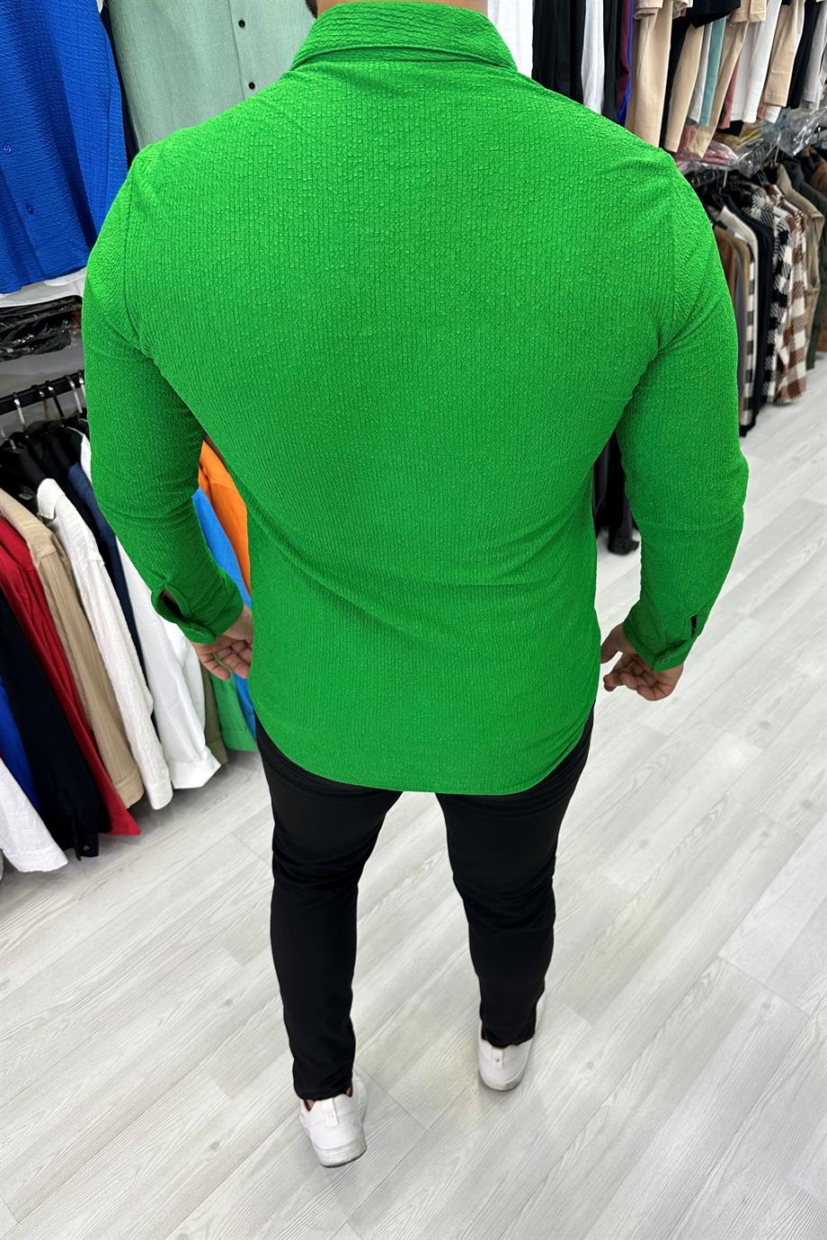 Yeşil Desenli Uzun Kol Likralı Gömlek