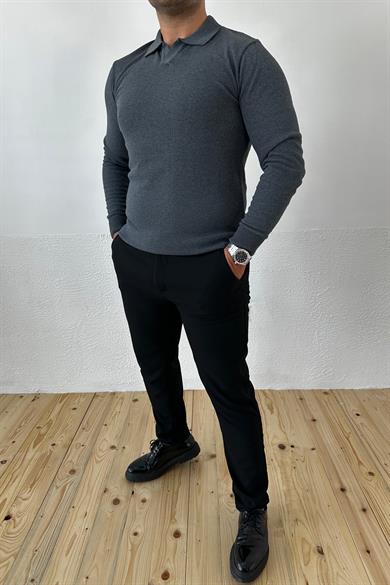 Antrasit Füme Slim Fit Polo Yaka Triko Kazak