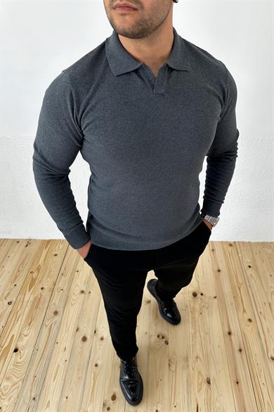 Antrasit Füme Slim Fit Polo Yaka Triko Kazak