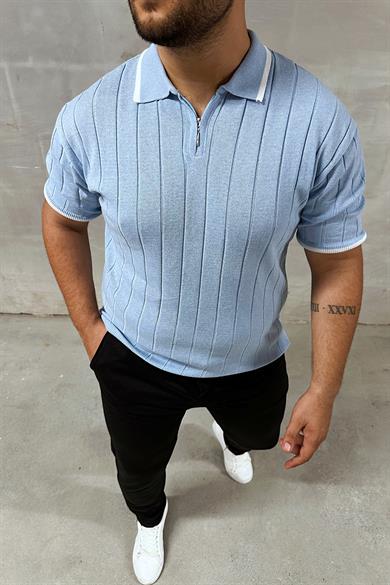 Bebe Mavi Fermuarlı Polo Yaka Örme Triko Tshirt