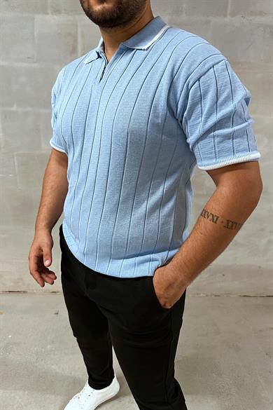 Bebe Mavi Fermuarlı Polo Yaka Örme Triko Tshirt