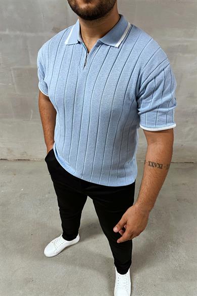 Bebe Mavi Fermuarlı Polo Yaka Örme Triko Tshirt