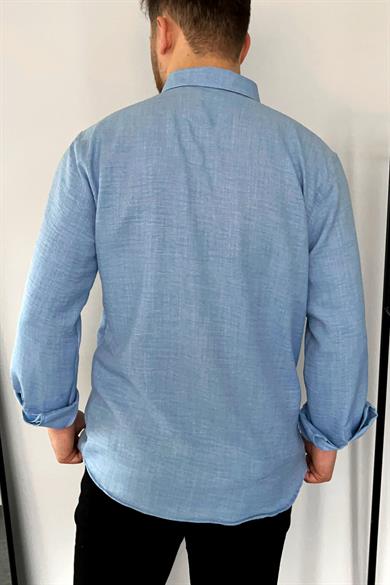 Bebe Mavi Tek Cep Keten Gömlek