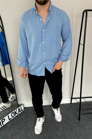 Bebe Mavi Tek Cep Keten Gömlek