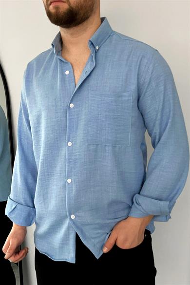 Bebe Mavi Tek Cep Keten Gömlek