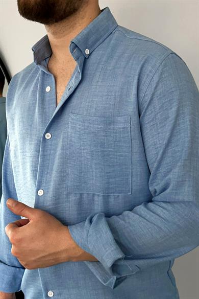 Bebe Mavi Tek Cep Keten Gömlek