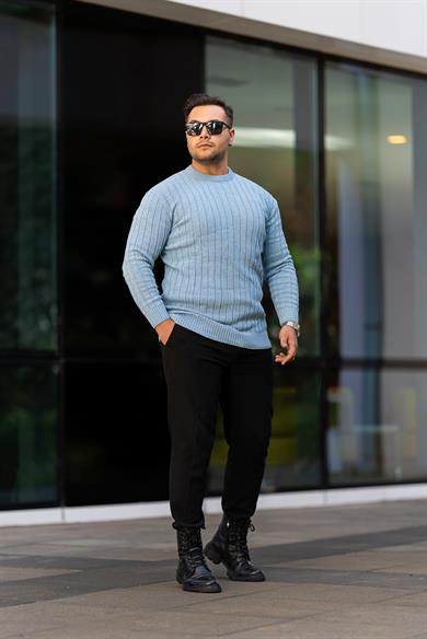 Bebe Mavi Tüylenme Yapmayan Slim Fit Desenli Triko Kazak