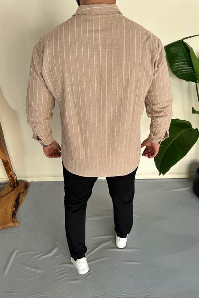 Bej %100 Ham Keten Pamuk Çizgili Oversize Gömlek