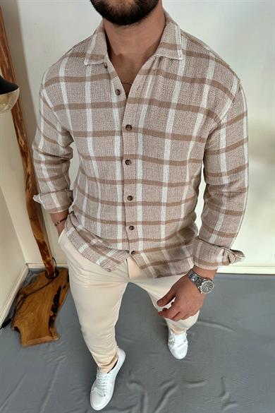 Bej %100 Ham Keten Pamuk Ekose Oversize Gömlek