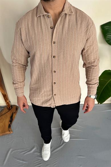 Bej %100 Ham Keten Pamuk Çizgili Oversize Gömlek