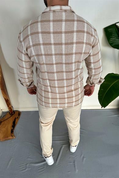 Bej %100 Ham Keten Pamuk Ekose Oversize Gömlek