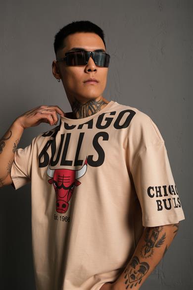Bej Chicago Bulls Baskılı Oversize Basic Tshirt