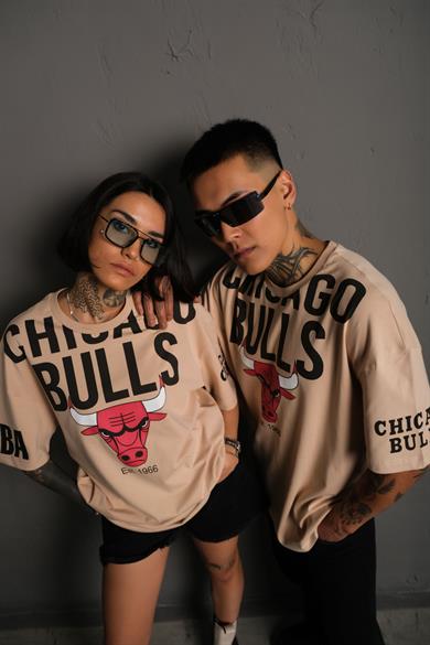 Bej Chicago Bulls Baskılı Oversize Basic Tshirt