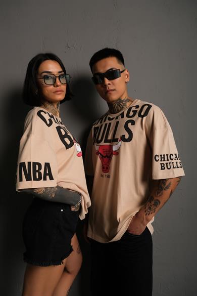 Bej Chicago Bulls Baskılı Oversize Basic Tshirt
