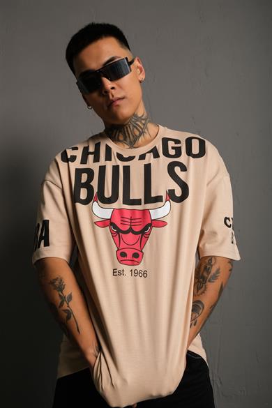 Bej Chicago Bulls Baskılı Oversize Basic Tshirt