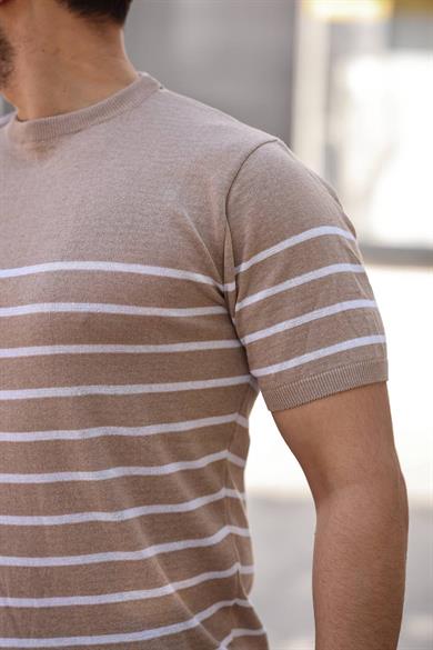 Bej Çizgili Basic Örme Triko Tshirt